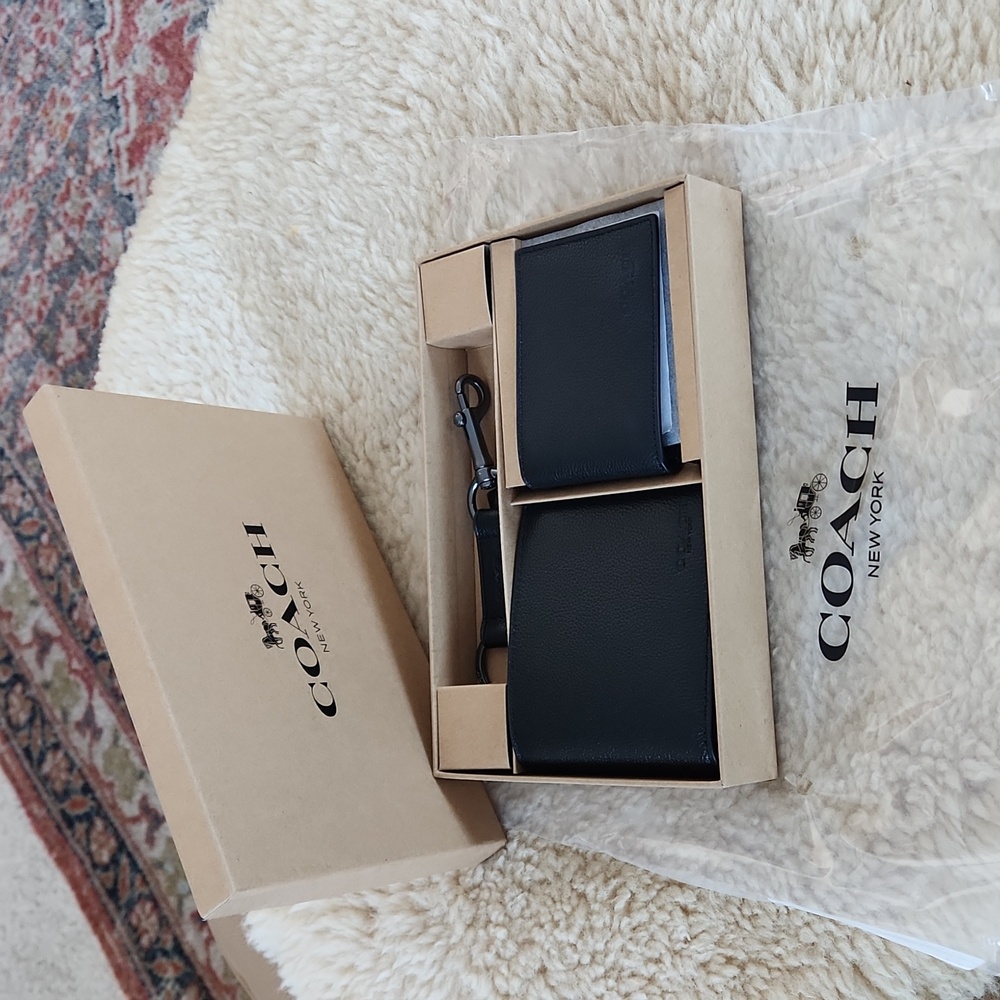 NWT IOB Coach Black Calf Leather 3 In 1 Wallets & Key Holder Set 🖤🔑